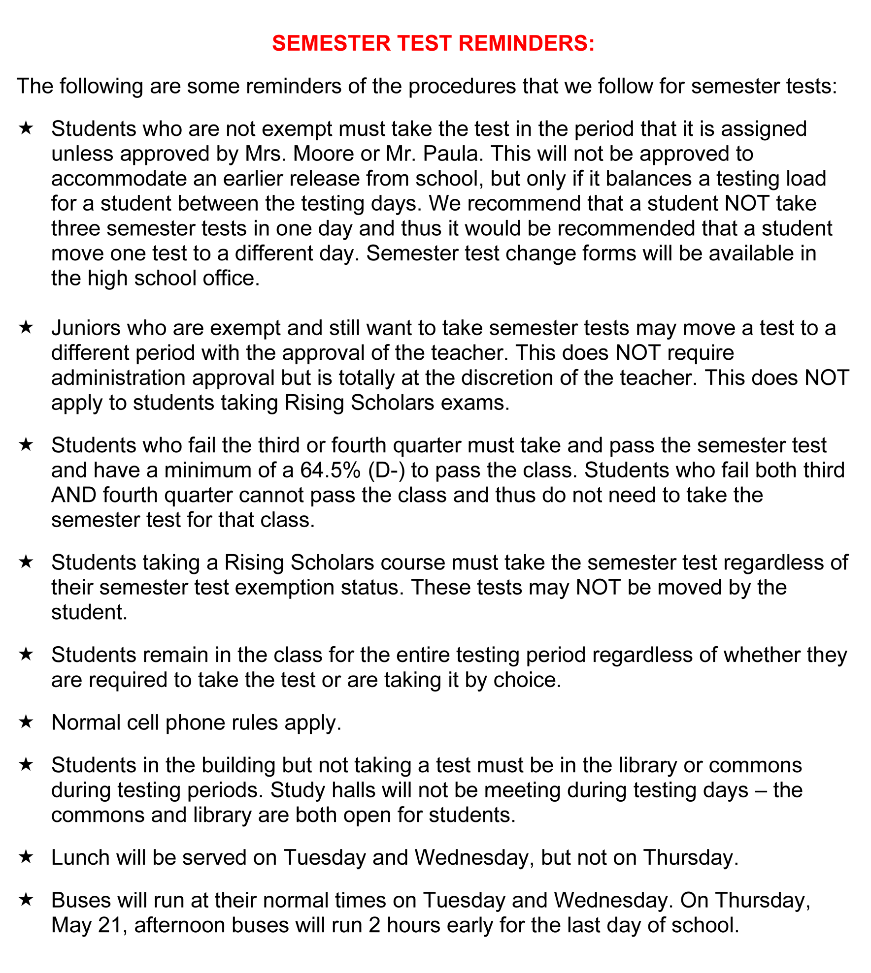 Semester Test Reminders
